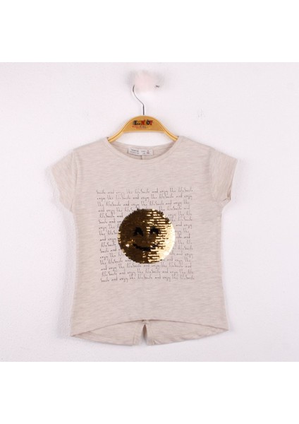 Kız Çocuk Gülen Yüz Pullu Nakış T-shirt