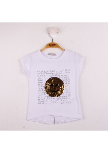 Kız Çocuk Gülen Yüz Pullu Nakış T-shirt