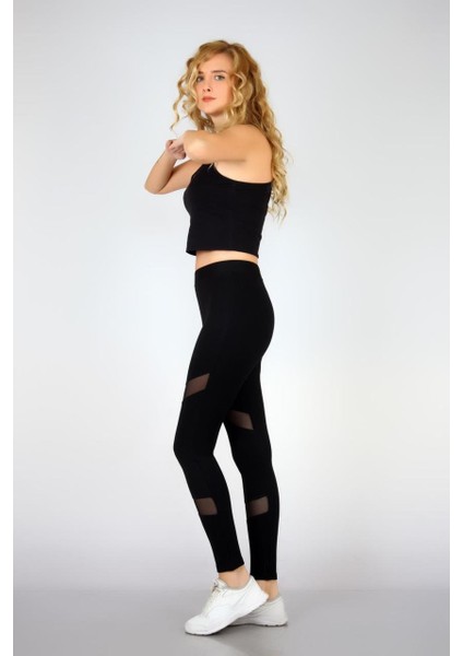 4029 Micro Mesh Ikili Çapraz Tül Bant Kadın Tayt