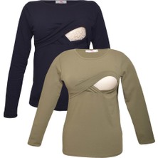 Luvmabelly Emzirme Sweatshirt Seti Kadın Haki-Lacivert Renk Uzun Kol Düz Desenli Rahat Kullanım