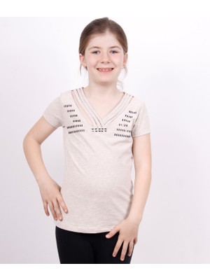 Toontoy Kız Çocuk Yaka Biyeli Taşlı T-shirt