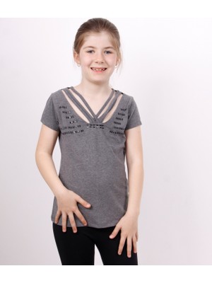 Toontoy Kız Çocuk Yaka Biyeli Taşlı T-shirt