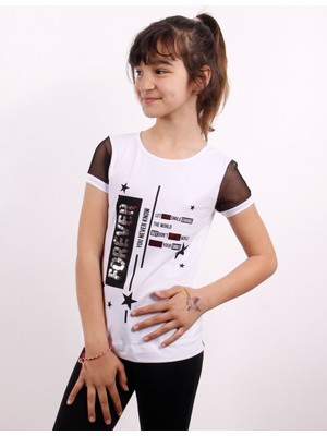 Toontoy Kız Çocuk Yıldız Baskılı Kol Tarafı Fileli T-shirt