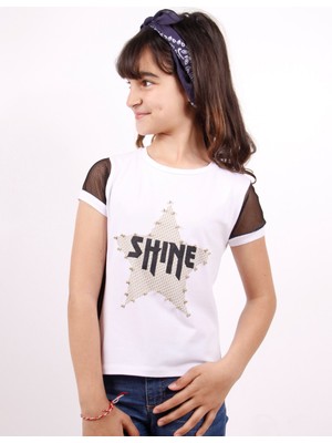 Toontoy Kız Çocuk Shine Yıldız Baskılı Kol Kısmı Fileli T-shirt