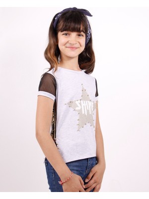 Toontoy Kız Çocuk Shine Yıldız Baskılı Kol Kısmı Fileli T-shirt