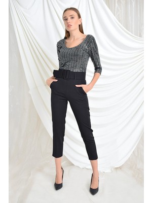 Tena Moda Kadın Siyah Kalın Kemerli Pantolon 9KBPNMM-059