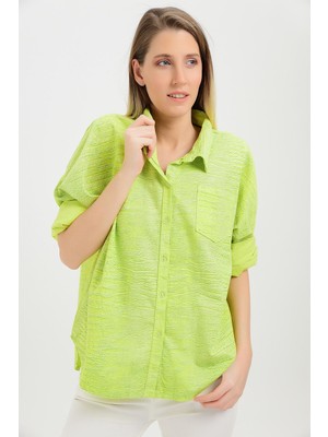 Pua Fashion Kadın F.Yeşili Desenli Cepli Kadife Gömlek