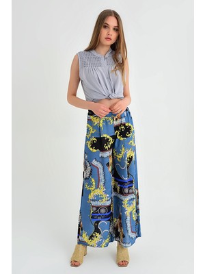 Pua Fashion Kadın Mavi Desenli Salaş Pantolon