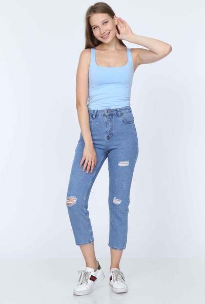 Denim Republic Kadın Mavi Yüksek Bel Jeans Yırtık Detaylı