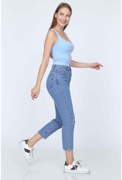 Denim Republic Kadın Mavi Yüksek Bel Jeans Yırtık Detaylı