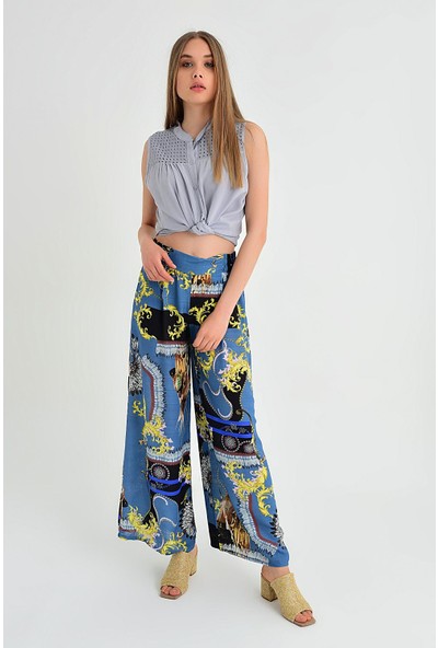 Pua Fashion Kadın Mavi Desenli Salaş Pantolon