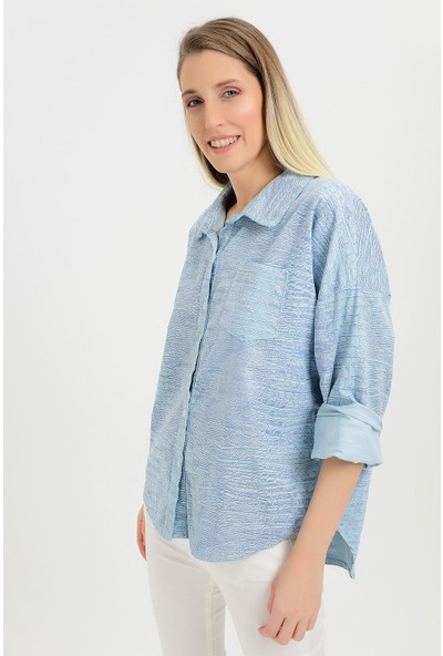 Pua Fashion Kadın Gömlek Mavi Desenli Cepli Kadife Gömlek