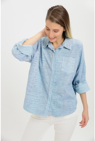Pua Fashion Kadın Gömlek Mavi Desenli Cepli Kadife Gömlek