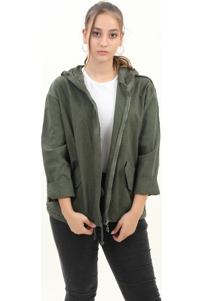 Pua Fashion Kadın Ceket Yeşil Arkası Kanat Baskılı Kapşonlu Ceket