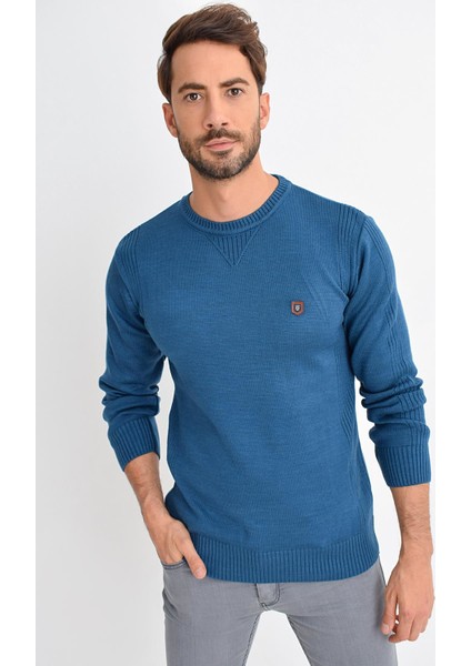 Tena Moda Erkek Petrol Bisiklet Yaka Basic Triko Kazak