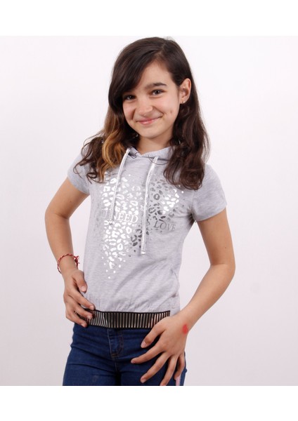 Kız Çocuk Kapüşonlu Varak Baskılı T-shirt