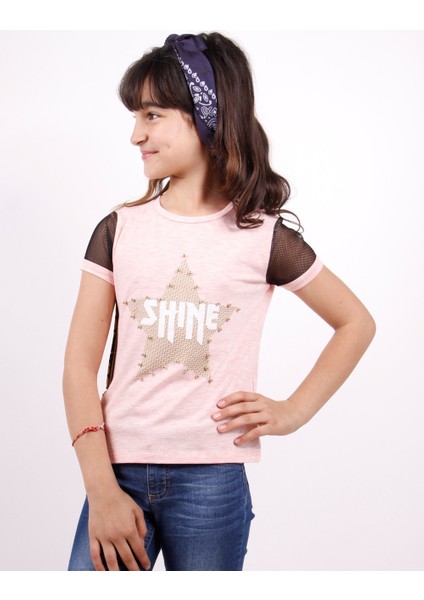 Kız Çocuk Shine Yıldız Baskılı Kol Kısmı Fileli T-shirt