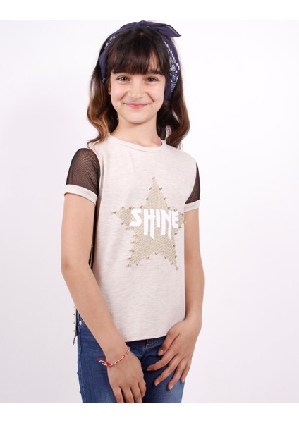 Kız Çocuk Shine Yıldız Baskılı Kol Kısmı Fileli T-shirt
