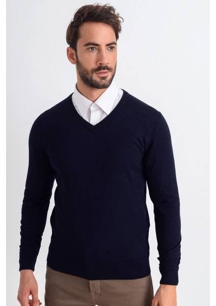 V Yaka Yünlü Erkek Triko Kazak