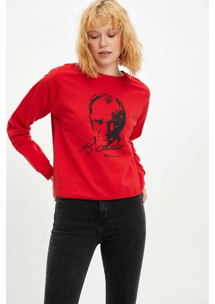 Atatürk Desenli Regular Fit Gömlek Yaka Uzun Kollu Sweatshirt M4169AZ19WN