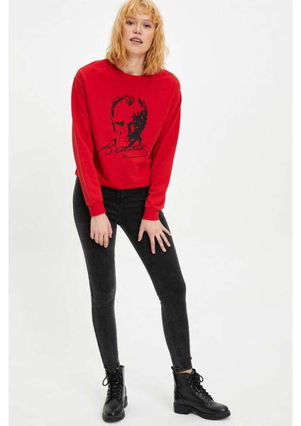 Atatürk Desenli Regular Fit Gömlek Yaka Uzun Kollu Sweatshirt M4169AZ19WN