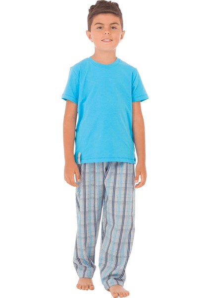 Aile Turkuaz Gri-Lacivert Ekose Erkek Çocuk Pijama Takımı