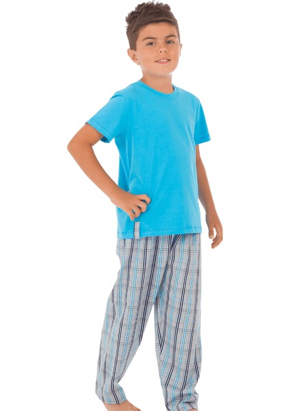Aile Turkuaz Gri-Lacivert Ekose Erkek Çocuk Pijama Takımı