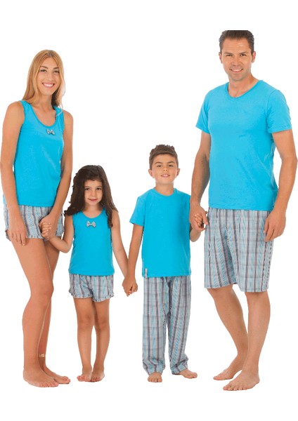 Aile Turkuaz Gri-Lacivert Ekose Erkek Çocuk Pijama Takımı