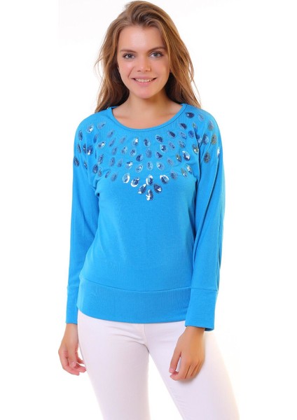 Blue Gym Kadın Mavi Kadın Sweatshirt Shirt Pullu