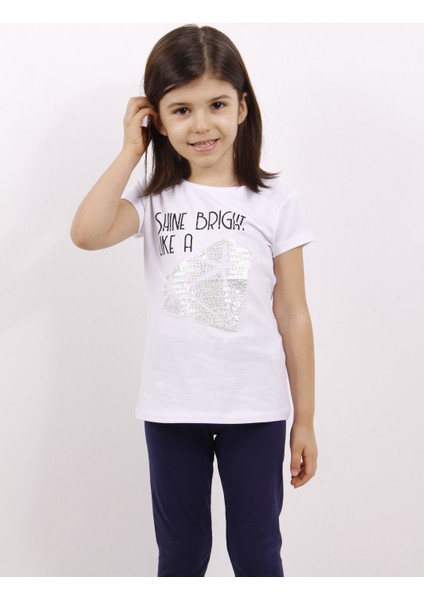 Kız Çocuk Elmas Taş Nakışlı T-Shirt