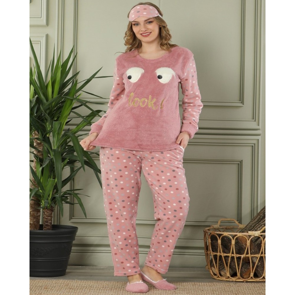 Pijamaevi Pudra Look Desenli Kadın Peluş Pijama Takımı Fiyatı