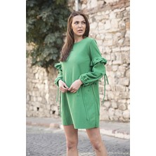 Modamoss Kadın Kolu Volanlı Bağcıklı Elbise Yeşil 6034