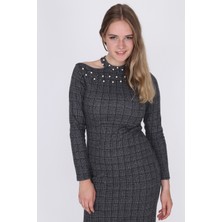 Miss Lusi 9361019 Jakarlı Kumaş Tek Omuzu Açık İncili Elbise