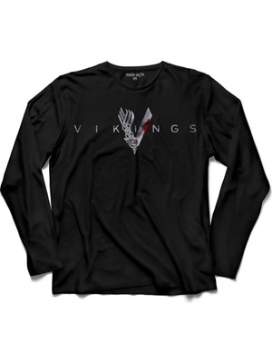 Kendim Seçtim Vikings Blood Logo Skull Head Vikingler Uzun Kollu Tişört
