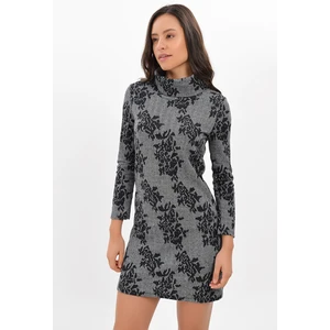 Miss Lusi 94271091 Balıksırtı Büyük Gül Desen Degaje Yaka Uzun Kol Elbise