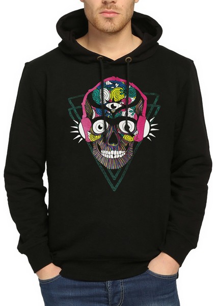 Stereo Skull Siyah Kapüşonlu Erkek Sweatshirt