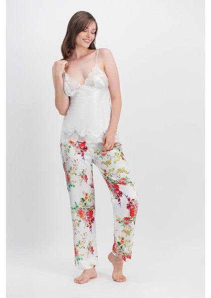 Flowers of Summer Ekru Kadın Askılı Saten Pijama Takımı - Sabahlık 3'lü Takım fiyatları