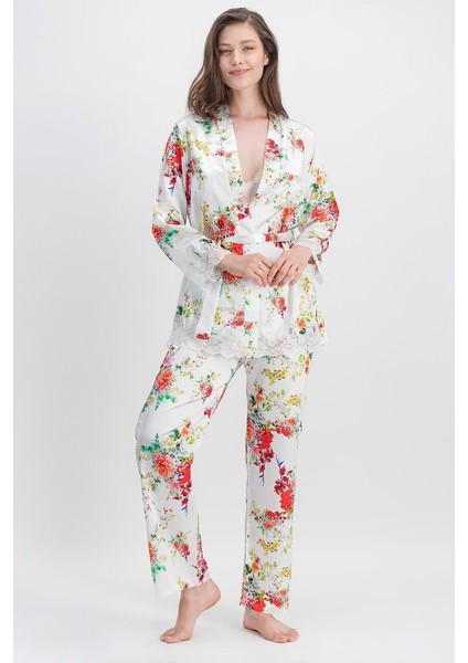 Flowers of Summer Ekru Kadın Askılı Saten Pijama Takımı - Sabahlık 3'lü Takım modelleri