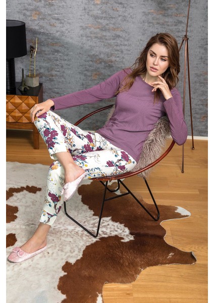 Kadın Çiçek Baskılı Uzunkol Pijama Takım AN9617
