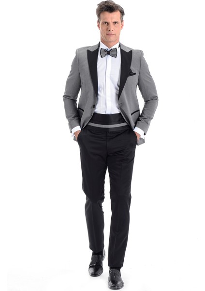 Broadway Slim Fit Yelkli Damatlık Takım Elbise Orta Gri