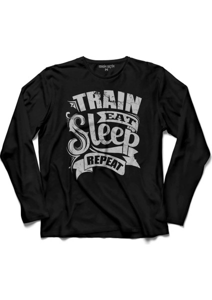 Eat Sleep Train Repeat Yemek Uyku Tren Yolculuk Uzun Kollu Tişört