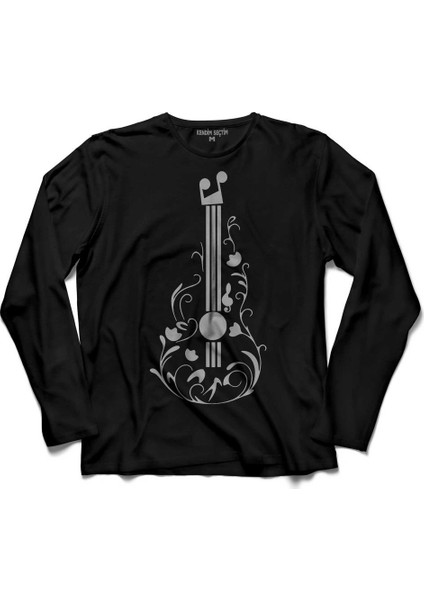 Gitar Çizim Tasarim Nota Müzik Sol Anahtari Uzun Kollu Tişört