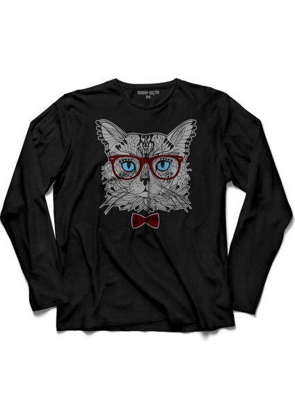 Hipster Cat Hipstir Kedi With Glasses Gözlük Uzun Kollu Tişört