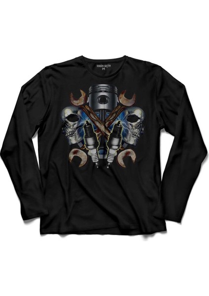 Kuru Kafa Skull Anahtar Piston Buji Sanayi Tamirat Kollu Tişört