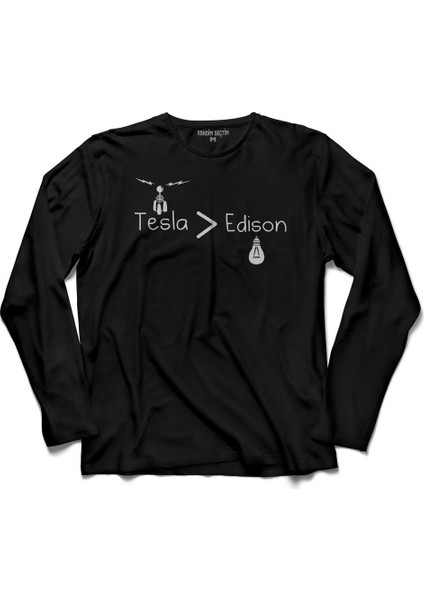 Nikola Tesla Büyüktür Edison Doğru Ac Dc Akim Uzun Kollu Tişört