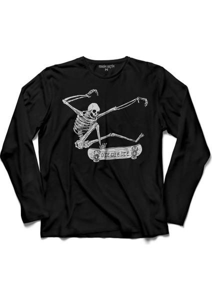 Skateboarding Skeleton Iskelet Skull Kuru Kafa Uzun Kollu Tişört