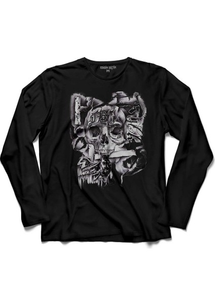 Skull Drawing Kuru Kafa Karayip Korsanlari Uzun Kollu Tişört