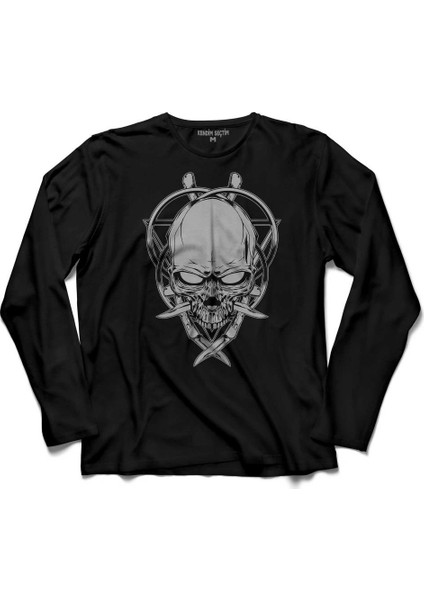 Skull Knife Illustration Kuru Kafa Biçak Çaki Uzun Kollu Tişört