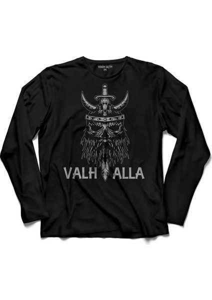 Valhallah Vikings Skull Head Vikingler Uzun Kollu Tişört