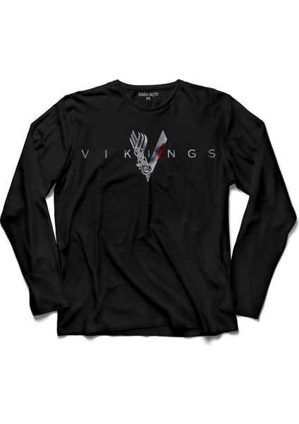 Vikings Blood Logo Skull Head Vikingler Uzun Kollu Tişört